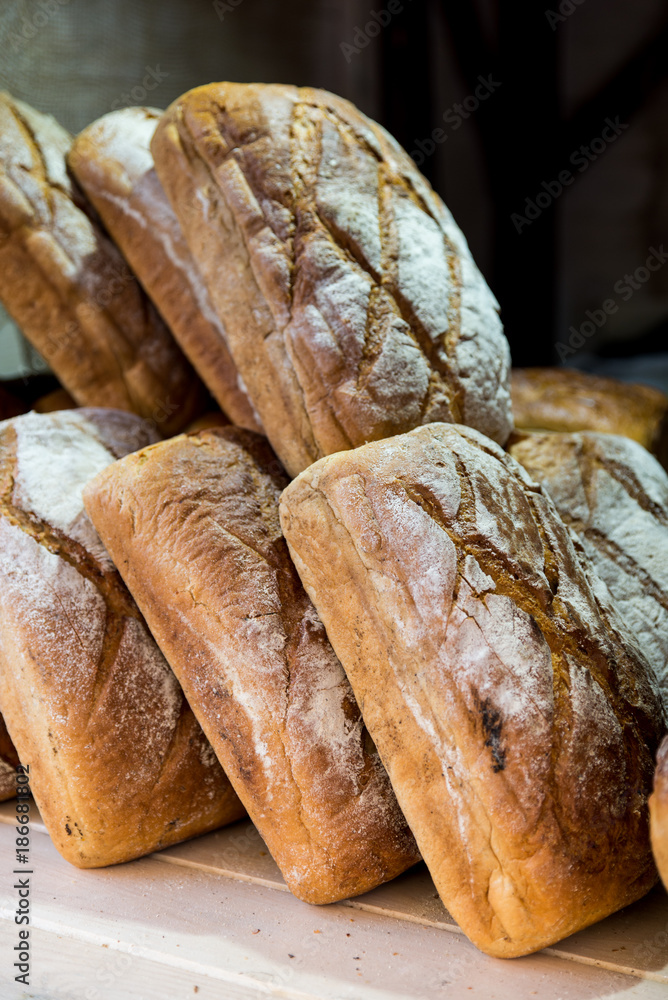 Close up of traditional polish declious food bread. Street food fastival in center of old town in Gdansk, city near baltic sea.