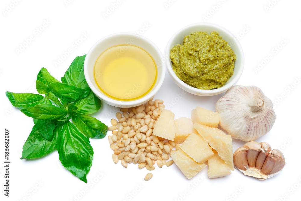 ingredients for traditional italian sauce pesto isolated on white background ingredients for traditional italian sauce pesto isolated on white background