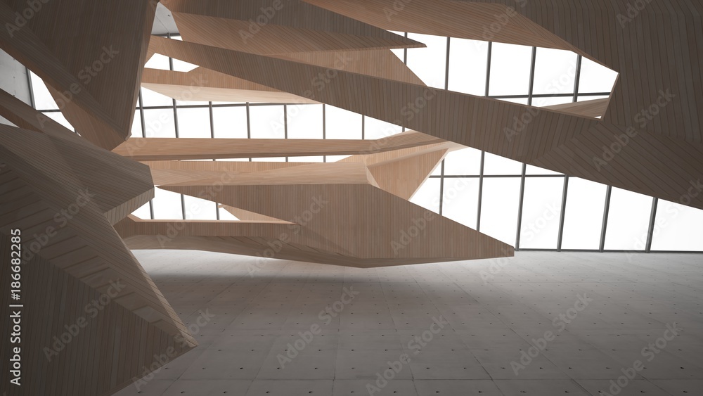 Fototapeta premium Abstract concrete and wood interior multilevel public space with window. 3D illustration and rendering.