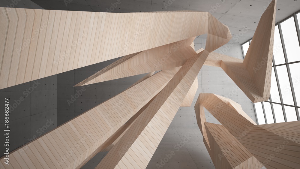 Fototapeta premium Abstract concrete and wood interior multilevel public space with window. 3D illustration and rendering.