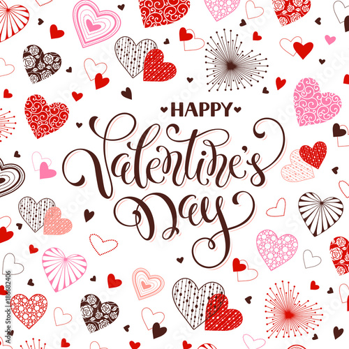 Happy Valentine Day greeting card. Romantic hearts pattern with calligraphic phrase on white background. Template for 14 february and wedding invitations design.