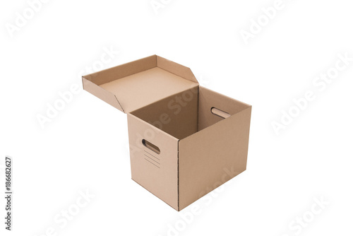 open brown cardboard paper box isolated on white background.