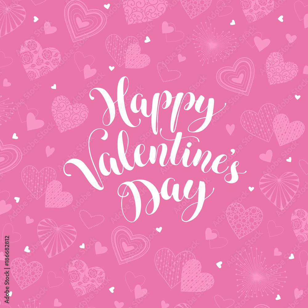 Naklejka premium Happy Valentines Day greeting card. Romantic red hearts pattern with calligraphic phrase. Template for 14 february and wedding invitations design.