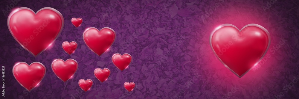 Shiny bubbly Valentines hearts with leaves purple background