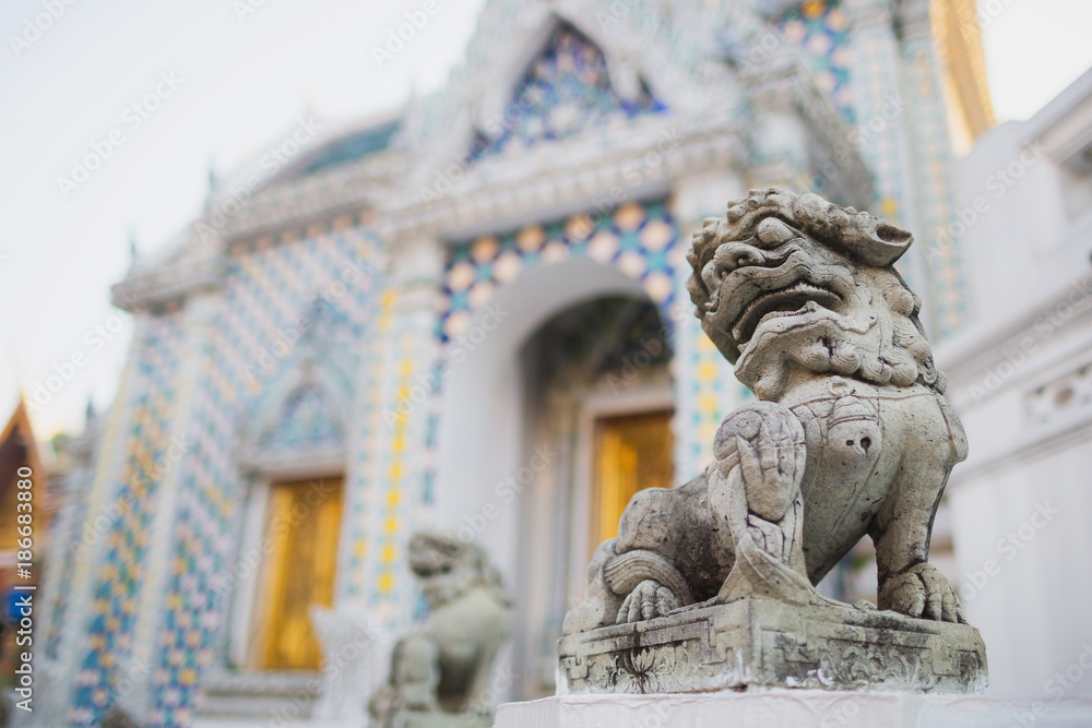 Carving stone lion in Chinese style is popular used to show around Buddhism temple in Thailand.