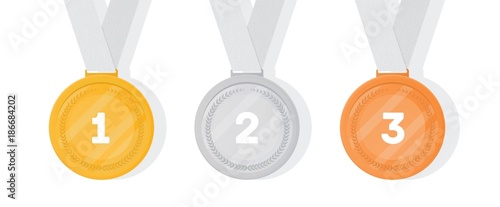 Set of gold, silver and bronze medals. Collection of winner or champion prizes or rewards for sports game competition, tournament, contest or championship. Colorful vector illustration in flat style.