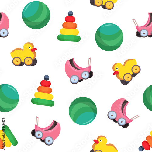 Bright colored seamless pattern with children s toys - baby carriage, ball, p...