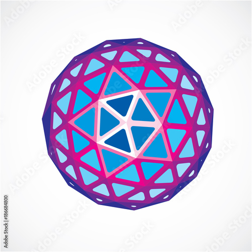 3d vector digital spherical object made using triangular facets. Low poly shape, purple polygonal globe, abstract form for use in web design.