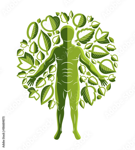 Vector graphic illustration of strong male, body silhouette standing on white background and made using green leaves. Raw food diet, no gm concept.