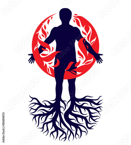 Vector illustration of human being created with tree roots. Human and nature harmony, fire man covered with a fireball.