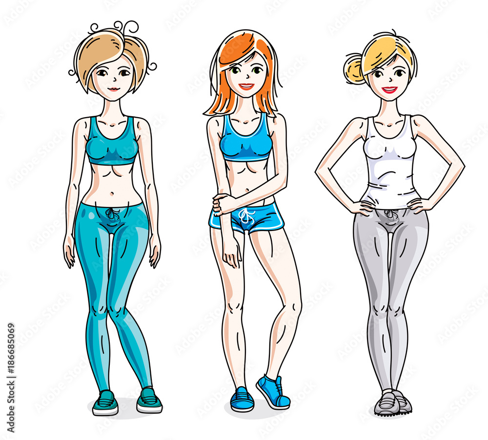Happy pretty young women standing wearing stylish sport clothes. Vector diversity people illustrations set. Happy pretty young women standing wearing stylish sport clothes. Vector diversity people illustrations set.