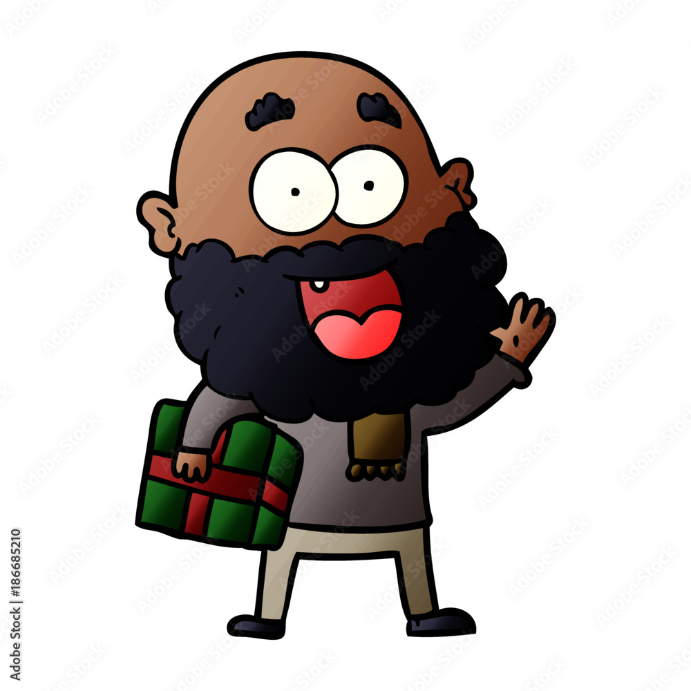 cartoon crazy happy man with beard and gift under arm cartoon crazy happy man with beard and gift under arm