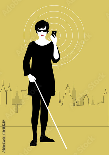 Mobile Technology for People with Visual Impairments. Blind woman using smartphone with adapted technology
