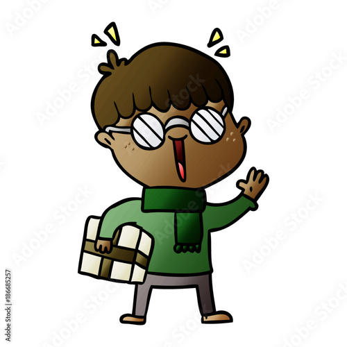 cartoon boy with parcel waving