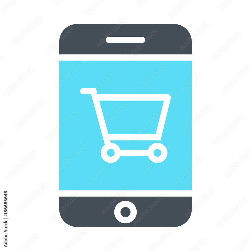 Smartphone with Shopping Cart Pixel Perfect Vector Silhouette Icon 48x48. Simple Minimal Pictogram Smartphone with Shopping Cart Pixel Perfect Vector Silhouette Icon 48x48. Simple Minimal Pictogram