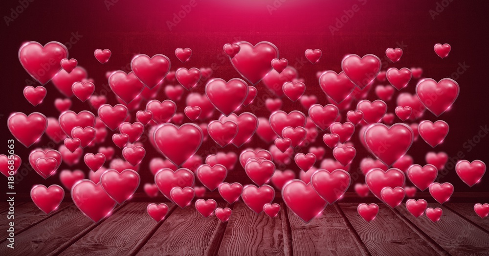 Shiny bubbly Valentines hearts over wooden floor Shiny bubbly Valentines hearts over wooden floor