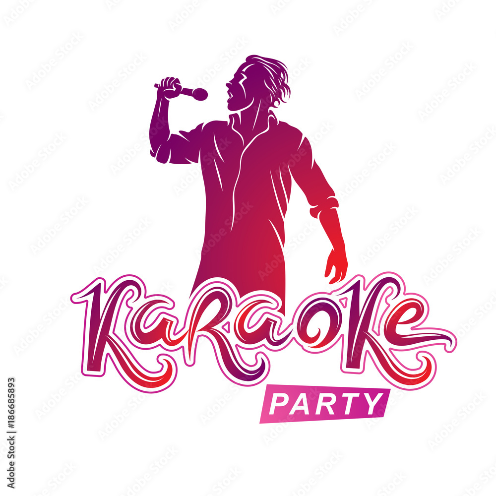 Fototapeta premium Happy man with microphone sings karaoke, famous superstar concert invitation flyer. Karaoke party writing.