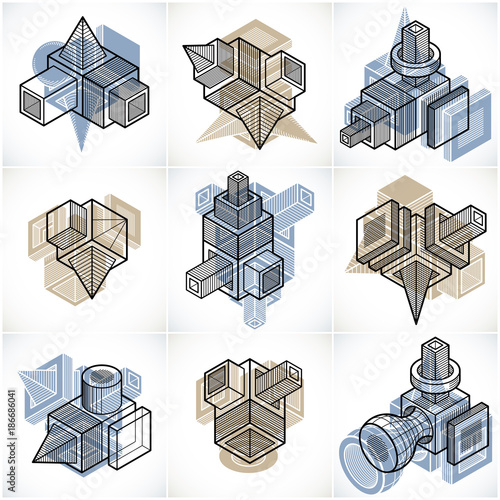 3D designs, set of abstract vector shapes.