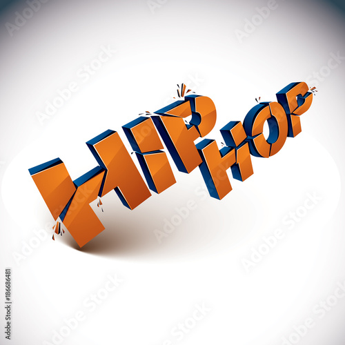 3d shattered vector hip hop word created with refractions. Dimensional inscription with specks isolated on white background.