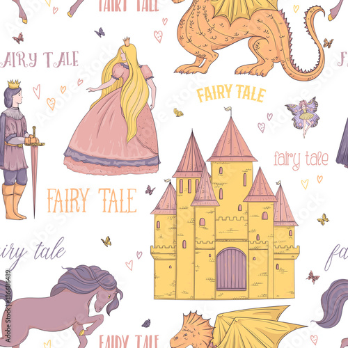 Seamless pattern with prince, princess, castle, dragon, fairy, horse. Fairy tale theme. Isolated objects. Vintage vector illustration