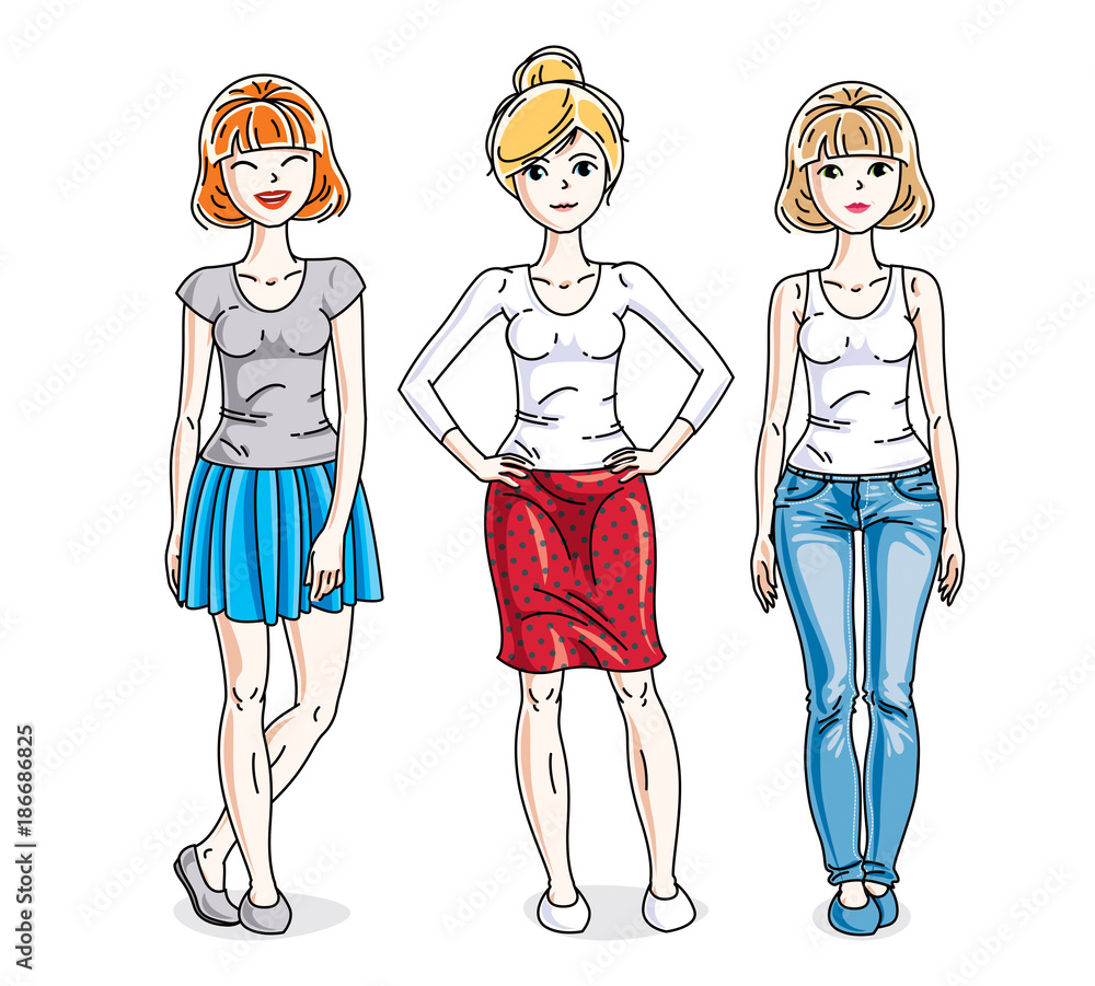 Happy pretty young women standing wearing casual clothes. Vector set of beautiful people illustrations. Happy pretty young women standing wearing casual clothes. Vector set of beautiful people illustrations.