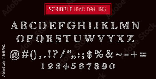Hand drawn scribble white font isolated on black. Vector alphabet with numbers. Set of pencil drawing letters.