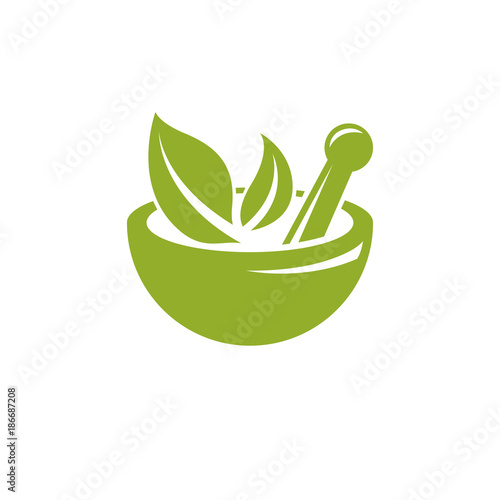 Vector illustration of mortar and pestle isolated on white. Alternative medicine concept, phytotherapy symbol.