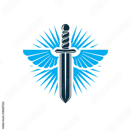 Vector graphic illustration of sword created with bird wings, battle and security metaphor symbol. Seraph vector emblem.