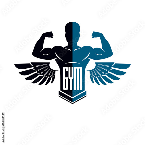 Fitness and heavyweight gym sport club logotype template, retro style vector emblem with wings. With sportsman silhouette.