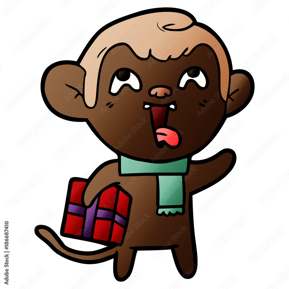Fototapeta premium crazy cartoon monkey with christmas present