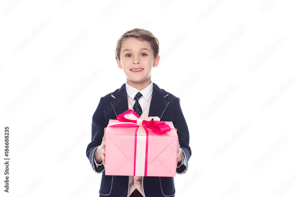 little boy holding gift box, isolated on white little boy holding gift box, isolated on white