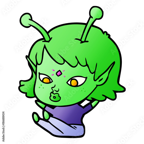 pretty cartoon alien girl sitting