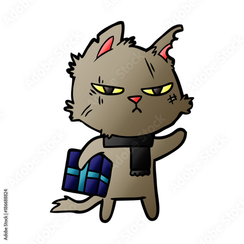 tough cartoon cat with christmas present