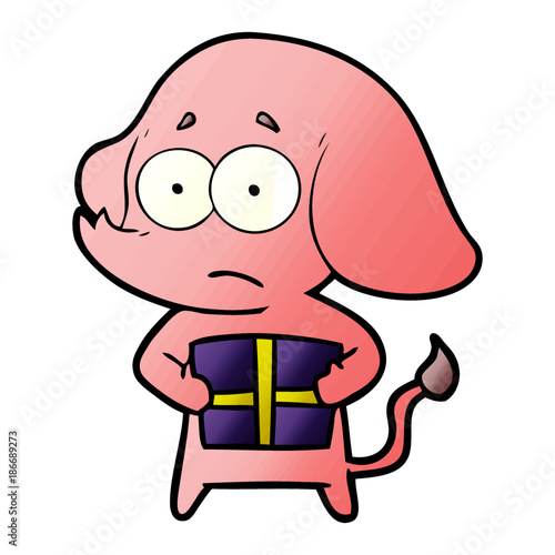 cartoon unsure elephant with christmas present