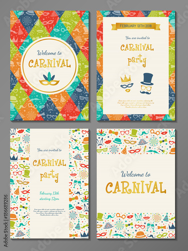 Collection of colourful poster for Carnival party. Vector.