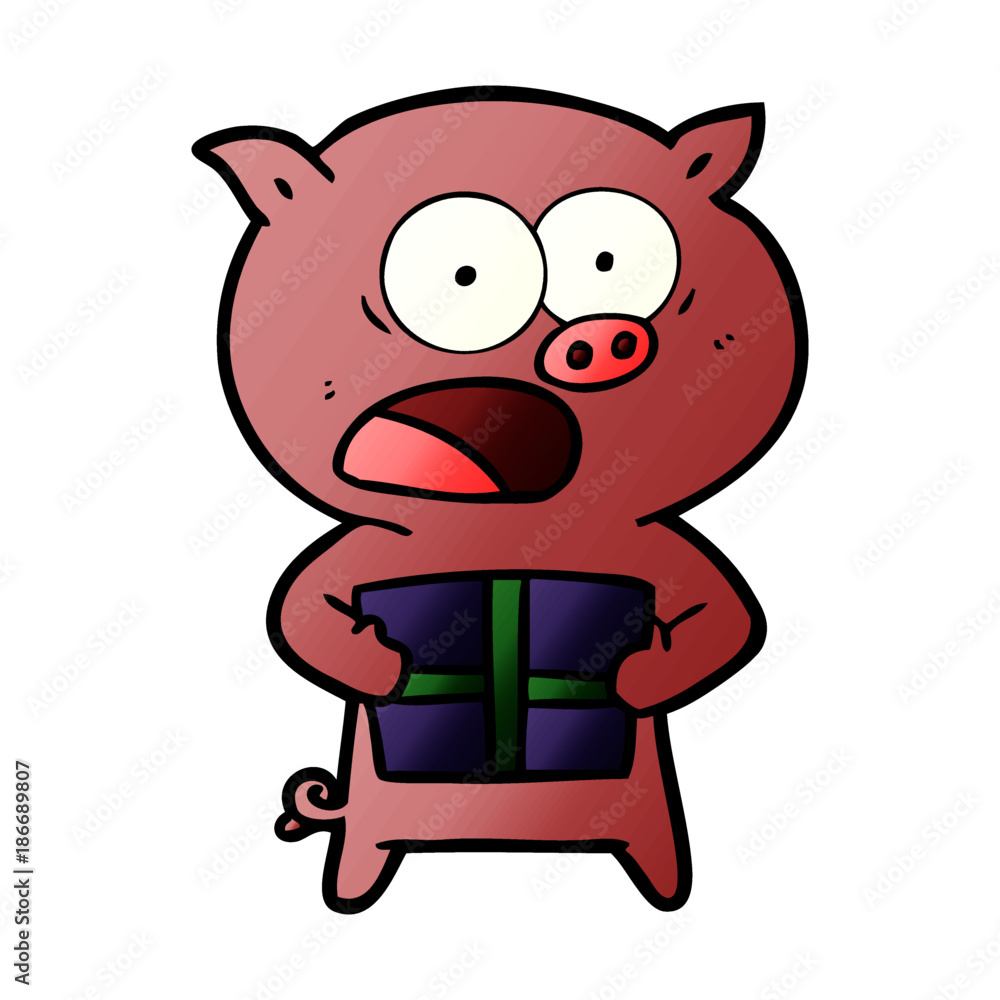 Obraz premium cartoon pig with christmas present