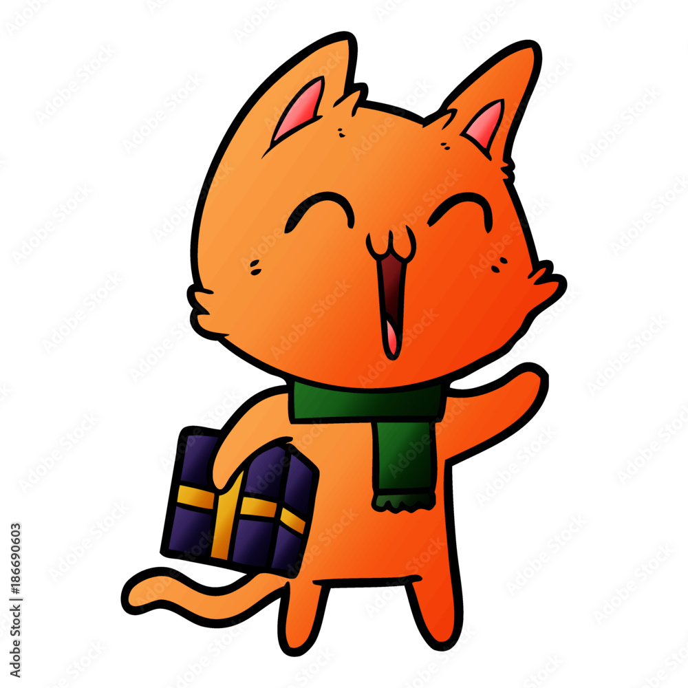happy cartoon cat with christmas gift happy cartoon cat with christmas gift
