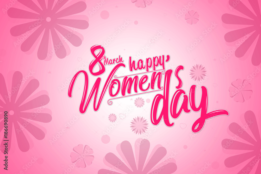 International women's day poster, pink color with flowers background.