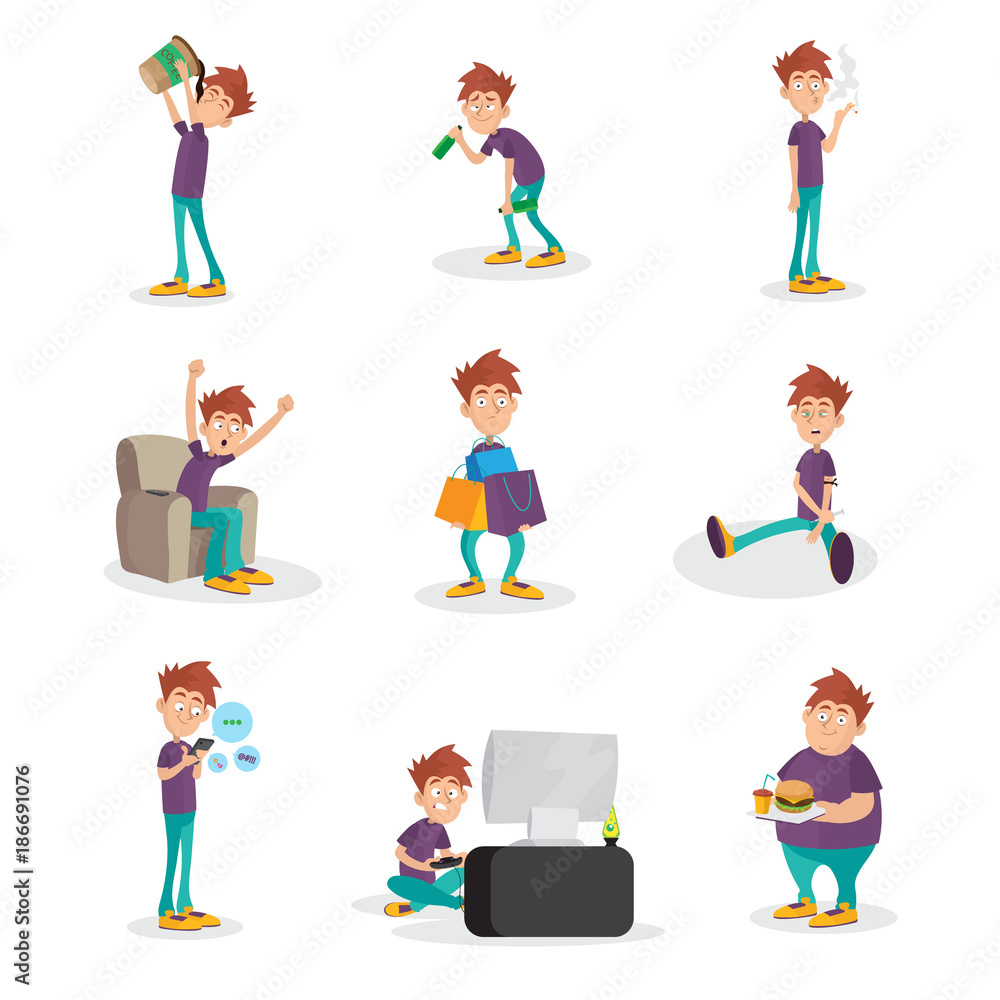 Flat vector set of people with bad habits. Unhealthy lifestyle. Alcoholism, shopping, smoking, dependence of tv, smartphone and video games, drug and fast food addiction
