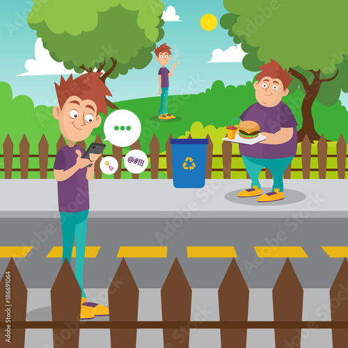 People with bad habits. Eating fast food, smoking cigarette, phone dependence. Cartoon people characters on city street. Nature landscape. Flat vector design