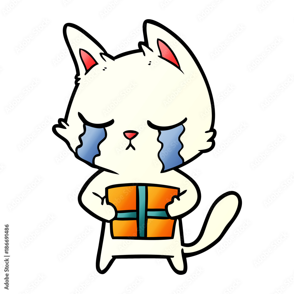 crying cartoon cat holding christmas present crying cartoon cat holding christmas present