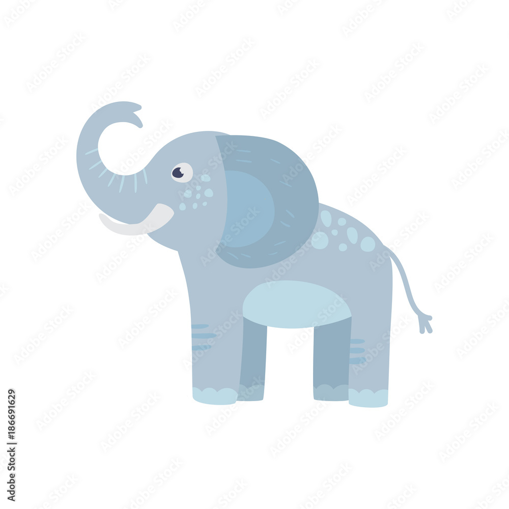 Funny blue elephant with long trunk, big ears and spots on back. Cartoon  wild animal. Zoo concept. Flat vector design for kids print, sticker or toy  store logo Stock Vector | Adobe