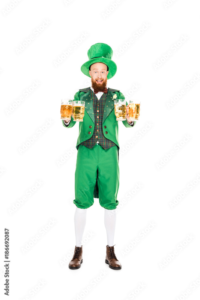leprechaun celebrating st patricks day with glasses of beer, isolated on white leprechaun celebrating st patricks day with glasses of beer, isolated on white