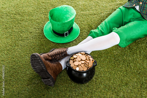 Fotografi cropped view of leprechaun with hat and pot of gold sitting on green grass