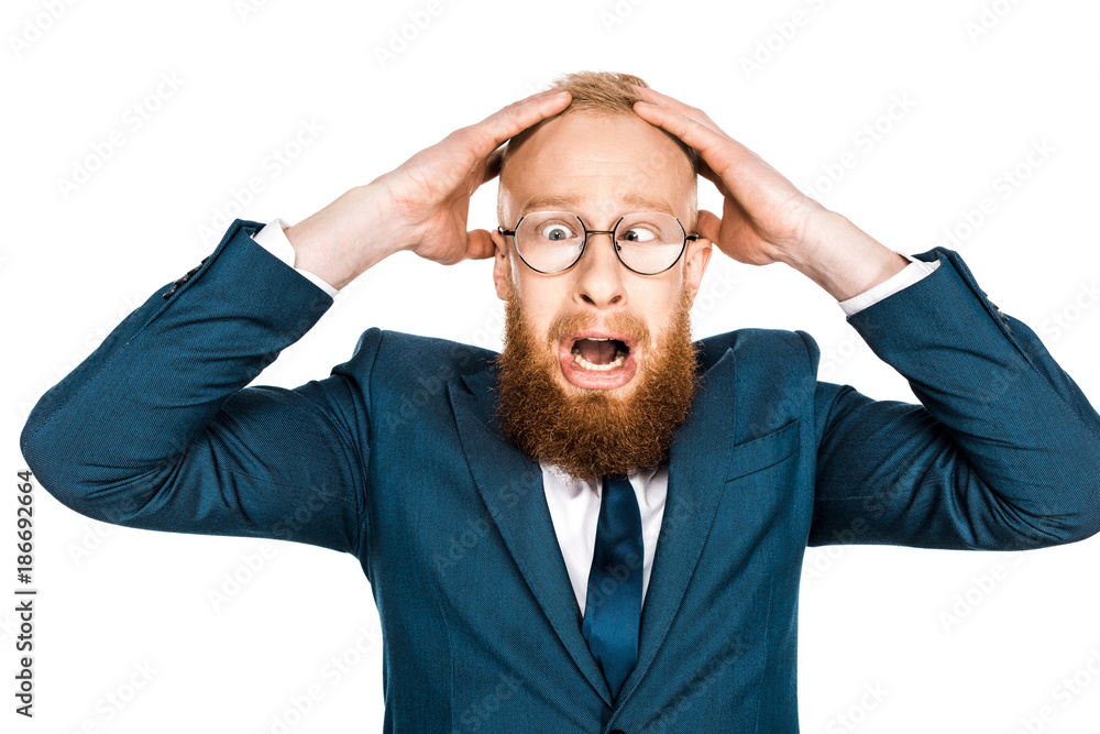 scared bearded businessman in eyeglasses holding hands on head isolated on white scared bearded businessman in eyeglasses holding hands on head isolated on white