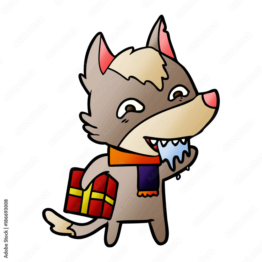 cartoon hungry wolf holding christmas present cartoon hungry wolf holding christmas present