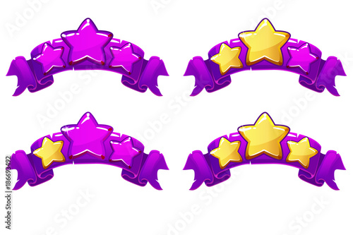 level complete templates, stars rank on purple ribbon, assets for games design, Cartoon game rating icons. Ranking elements. GUI elements for animation