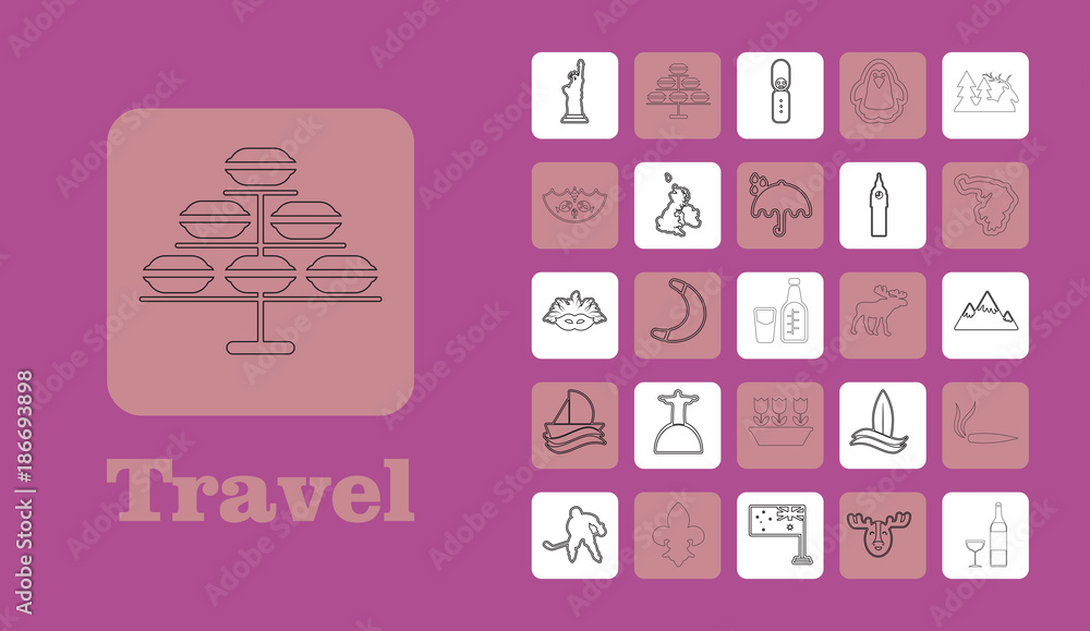 Travel Line Icons for Web and Mobile. Thin line icons. on purple Travel Line Icons for Web and Mobile. Thin line icons. on purple