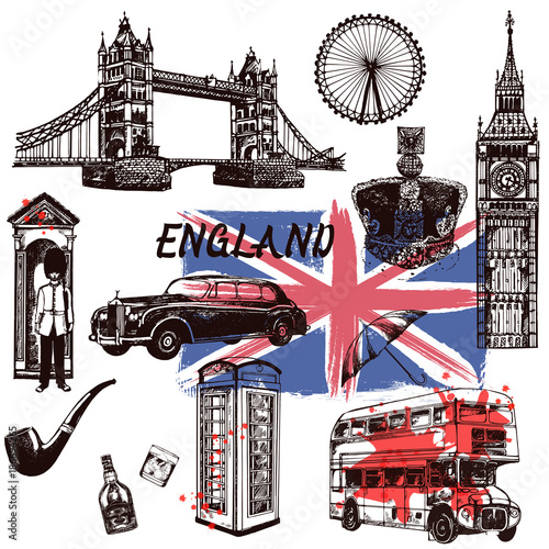 Set of hand drawn sketch style England themed objects. Vector illustration isolated on white background.
