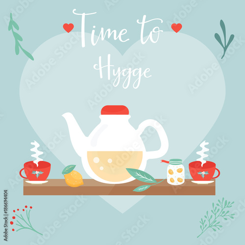 Hygge background with cozy things and elements.